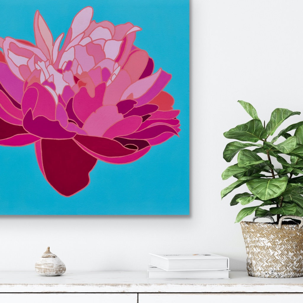 Pink Peony on Blue Background Original - SOLD